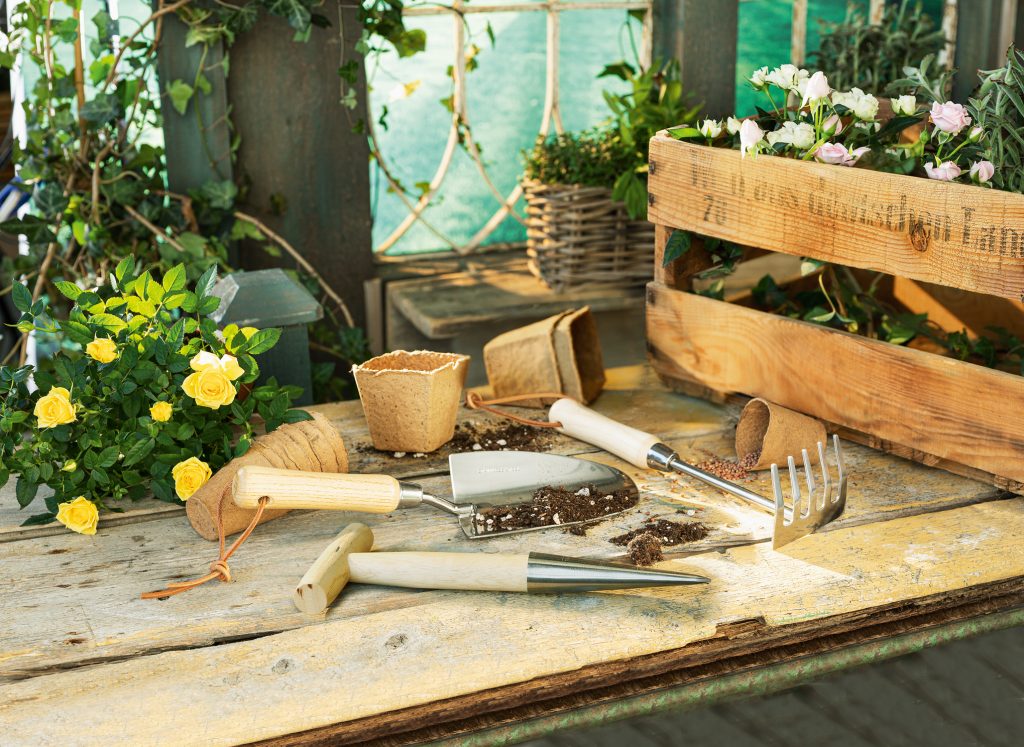 Verschiedene Gartenutensilien liegen verteilt auf einem rustikalen Holztisch im Gartenschuppen.