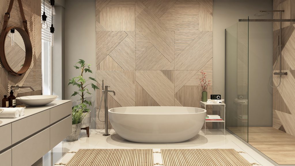 Ein modernes Badezimmer mit Dekorplatten im Holz-Look für einen natürlichen, warmen Eindruck